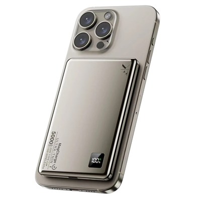 Mey İthalat®  PW555 5.000 mAh Dijital Göstergeli 18W Type-C ve 15W Kablosuz Şarj PD Hızlı Şarj Magsafe Powerbank - Titanyum