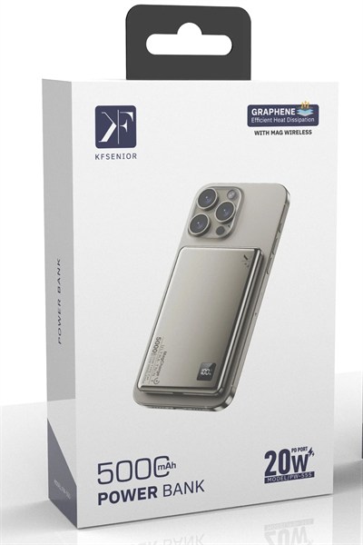 Mey İthalat®  PW555 5.000 mAh Dijital Göstergeli 18W Type-C ve 15W Kablosuz Şarj PD Hızlı Şarj Magsafe Powerbank - Titanyum