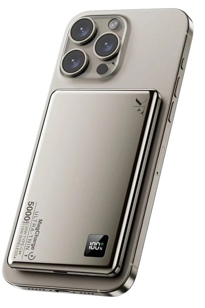 Mey İthalat®  PW555 5.000 mAh Dijital Göstergeli 18W Type-C ve 15W Kablosuz Şarj PD Hızlı Şarj Magsafe Powerbank - Titanyum