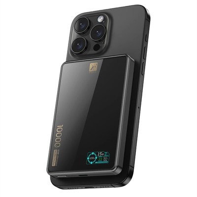 Mey İthalat®  PW598 10.000 mAh Dijital Göstergeli 20W Type-C ve 15W Kablosuz Şarj PD Hızlı Şarj Magsafe Powerbank - Siyah