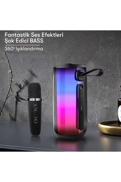 Mey İthalat®  Pluse 5 Mikrofonlu RGB Kablosuz Hoparlör - Siyah