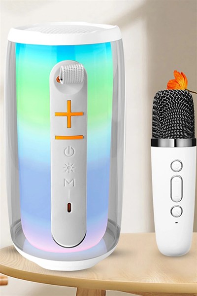 Mey İthalat®  Pluse 6 Mikrofonlu RGB Kablosuz Hoparlör - Beyaz