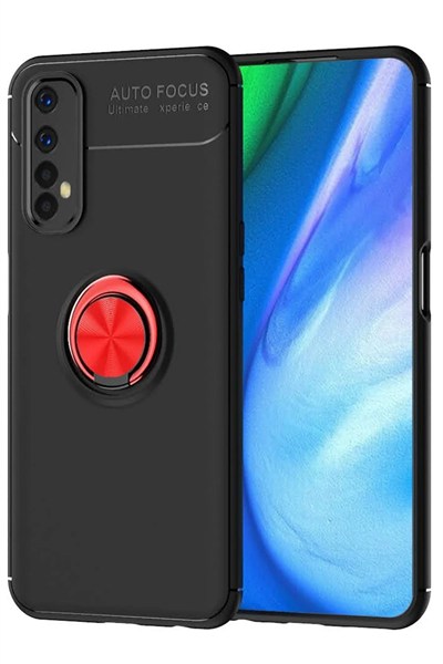 Mey İthalat®  Realme 7 Kılıf Range Yüzüklü Silikon - Siyah-Kırmızı