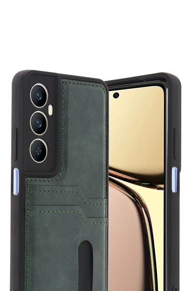 Mey İthalat®  Realme C65 Sara Kartvizitli Deri Kılıf - Yeşil