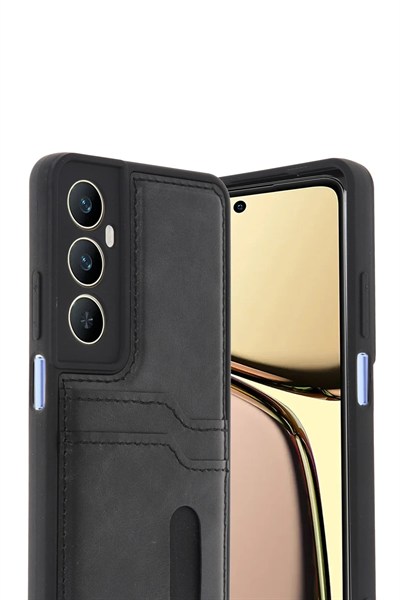 Mey İthalat®  Realme C65 Sara Kartvizitli Deri Kılıf - Siyah