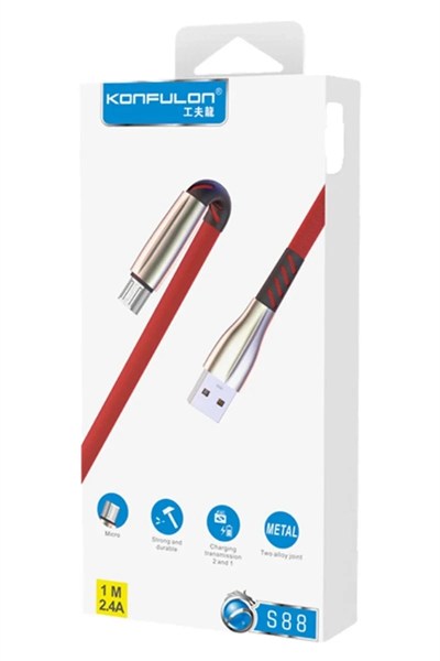 Mey İthalat®  S88 Metal Uçlu Micro USB Kablo 1M 2.4A - Kırmızı