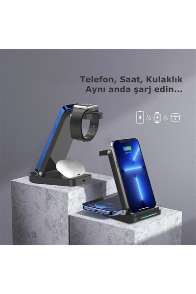Mey İthalat®  S90 4in1 Kablosuz Şarj Masaüstü Set - Siyah