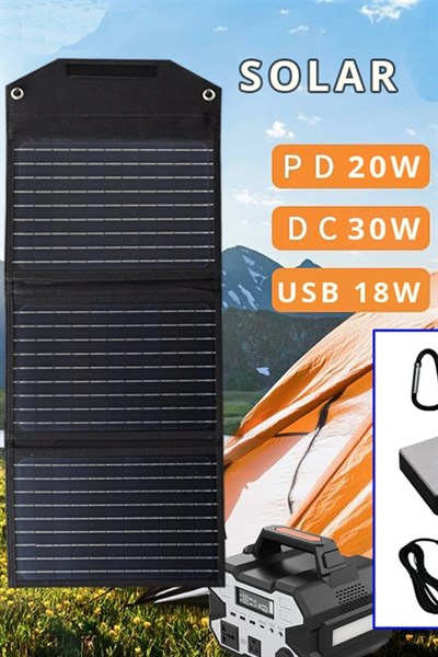 Mey İthalat®  SH-03 30W Hızlı Şarj Taşınabilir Güneş Enerji Paneli Şarj İstasyonu - Siyah