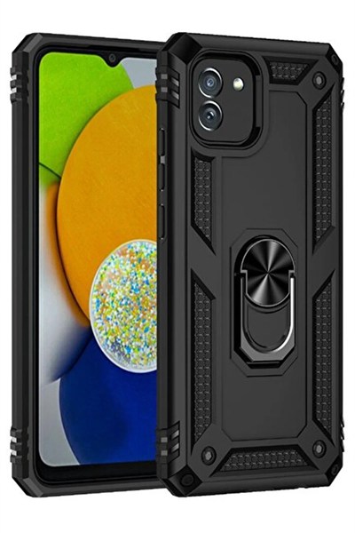 Mey İthalat®  Samsung Galaxy A03 Kılıf Sofya Yüzüklü Silikon Kapak - Siyah