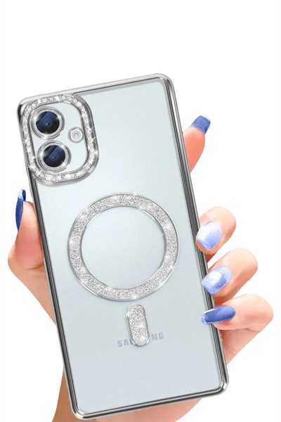 Mey İthalat®  Samsung Galaxy A06 Joke Simli Magneticsafe Kılıf - Gümüş