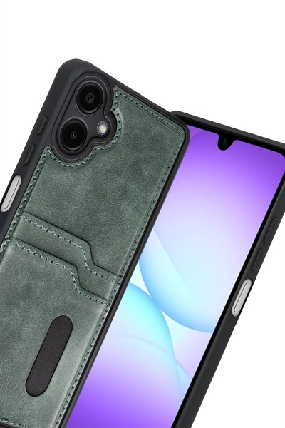Mey İthalat®  Samsung Galaxy A07 4G Sara Kartvizitli Deri Kılıf - Yeşil