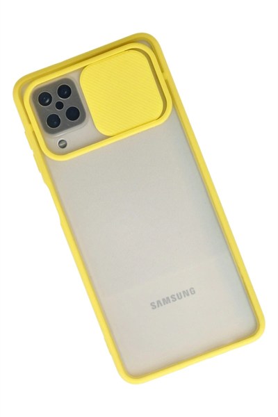 Mey İthalat®  Samsung Galaxy A12 Kılıf Palm Buzlu Kamera Sürgülü Silikon - Sarı