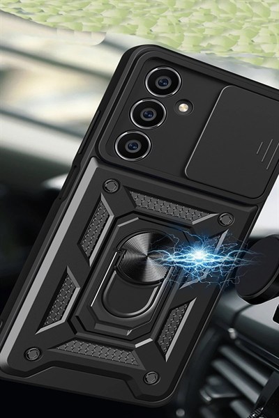 Mey İthalat®  Samsung Galaxy A25 5G Kılıf Pars Lens Yüzüklü Silikon - Siyah