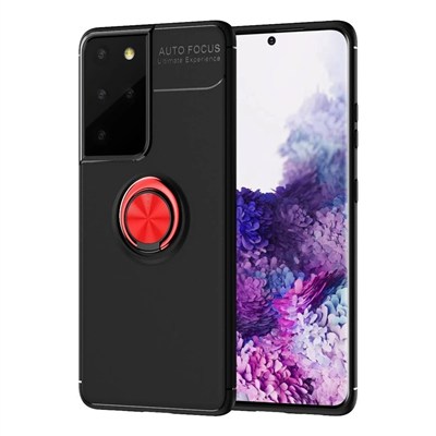 Mey İthalat®  Samsung Galaxy S21 Ultra Kılıf Range Yüzüklü Silikon - Siyah-Kırmızı