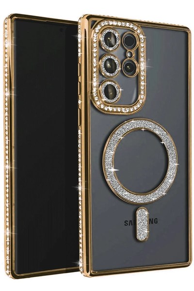 Mey İthalat®  Samsung Galaxy S23 Ultra Joke Simli Magneticsafe Kılıf - Gold
