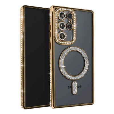 Mey İthalat®  Samsung Galaxy S23 Ultra Joke Simli Magneticsafe Kılıf - Gold