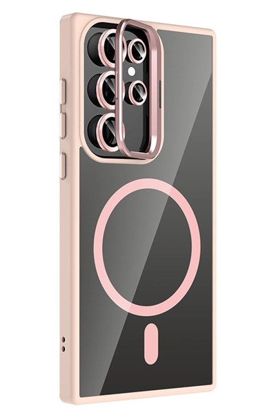 Mey İthalat®  Samsung Galaxy S23 Ultra Remim Lensli Magsafe Standlı Kapak - Pembe
