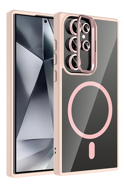 Mey İthalat®  Samsung Galaxy S23 Ultra Remim Lensli Magsafe Standlı Kapak - Pembe