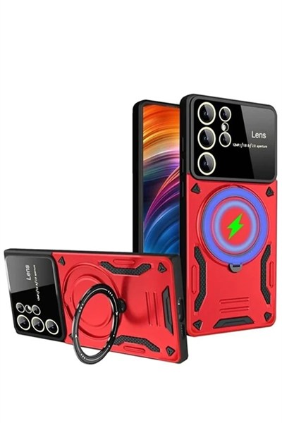 Mey İthalat®  Samsung Galaxy S24 Ultra Kılıf Joy Lens Standlı Kapak - Kırmızı