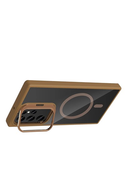 Mey İthalat®  Samsung Galaxy S24 Ultra Remim Lensli Magsafe Standlı Kapak - Kahverengi
