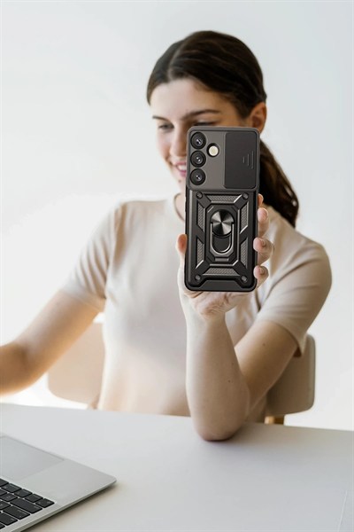 Mey İthalat®  Samsung Galaxy S25 Kılıf Pars Lens Yüzüklü Silikon - Siyah