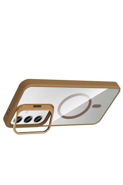 Mey İthalat®  Samsung Galaxy S25 Remim Lensli Magsafe Standlı Kapak - Kahverengi