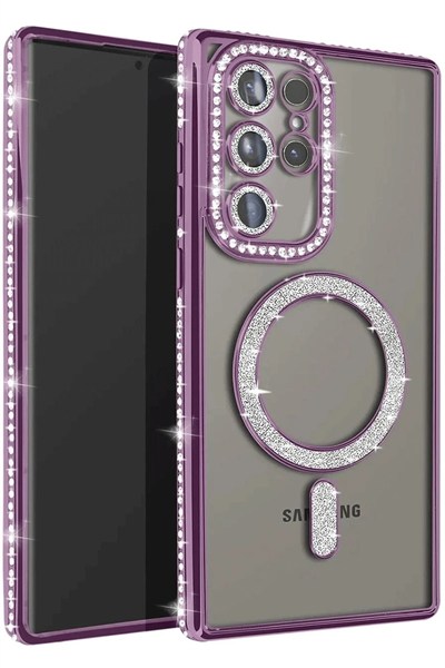 Mey İthalat®  Samsung Galaxy S25 Ultra Kılıf Joke Simli Magneticsafe Kılıf - Derin Mor