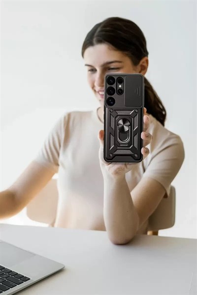 Mey İthalat®  Samsung Galaxy S25 Ultra Kılıf Pars Lens Yüzüklü Silikon - Siyah