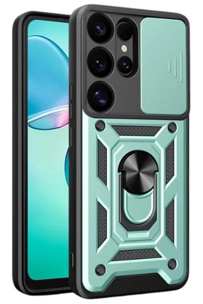 Mey İthalat®  Samsung Galaxy S25 Ultra Kılıf Pars Lens Yüzüklü Silikon - Yeşil