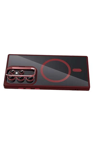 Mey İthalat®  Samsung Galaxy S25 Ultra Remim Lensli Magsafe Standlı Kapak - Bordo