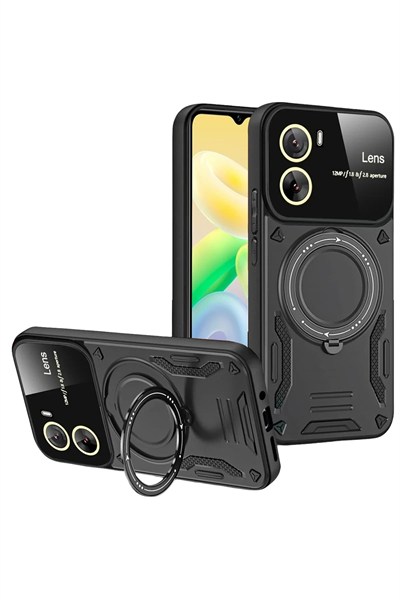 Mey İthalat®  Vivo Y16 Kılıf Joy Lens Standlı Kapak - Siyah