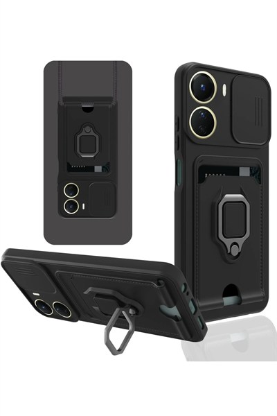 Mey İthalat®  Vivo Y16 Kılıf Zuma Kartvizitli Yüzüklü Silikon - Siyah