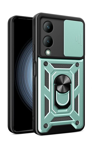 Mey İthalat®  Vivo Y17S Kılıf Pars Lens Yüzüklü Silikon - Yeşil