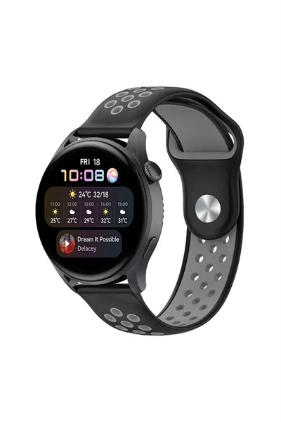 Mey İthalat®  Watch 20mm Spor Delikli Kordon - Siyah-Gri