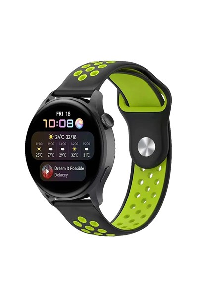 Mey İthalat®  Watch 20mm Spor Delikli Kordon - Siyah-Yeşil