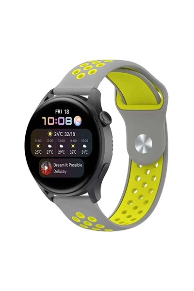 Mey İthalat®  Watch 22mm Spor Delikli Kordon - Gri-Yeşil