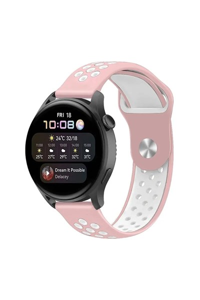 Mey İthalat®  Watch 22mm Spor Delikli Kordon - Pembe-Beyaz