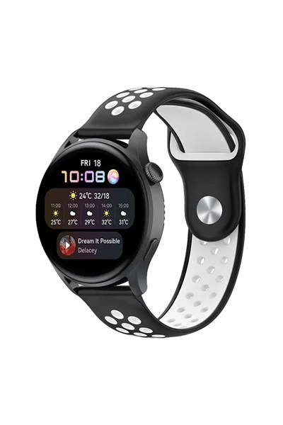 Mey İthalat®  Watch 22mm Spor Delikli Kordon - Siyah-Beyaz