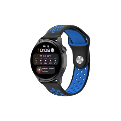 Mey İthalat®  Watch 22mm Spor Delikli Kordon - Siyah-Mavi