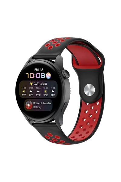 Mey İthalat®  Watch 22mm Spor Delikli Kordon - Siyah-Kırmızı