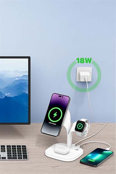 Mey İthalat®  YM-UD22 Kablosuz Şarj Masaüstü Set - Beyaz