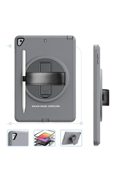 Mey İthalat®  iPad 10.2 (7.nesil) Kılıf Hand Strap Tablet Kılıfı - Gri