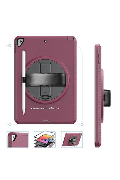 Mey İthalat®  iPad 10.2 (7.nesil) Kılıf Hand Strap Tablet Kılıfı - Mürdüm