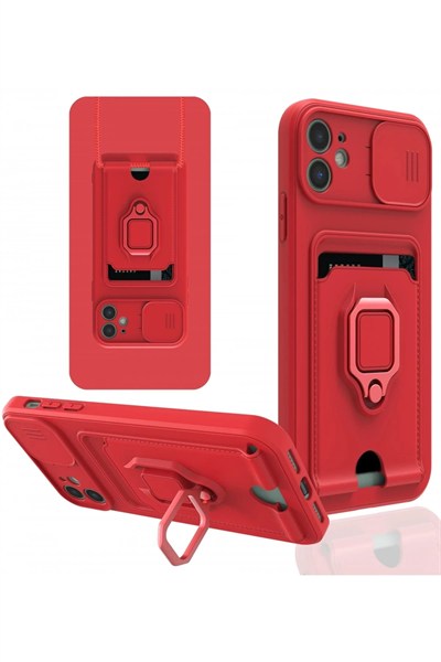 Mey İthalat®  iPhone 11 Kılıf Zuma Kartvizitli Yüzüklü Silikon - Kırmızı
