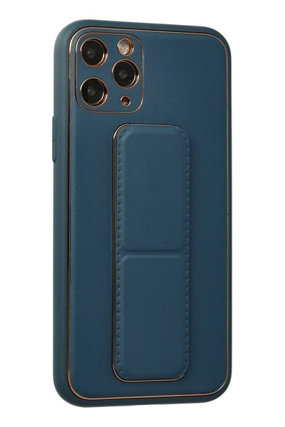 Mey İthalat®  iPhone 11 Pro Kılıf Coco Deri Standlı Kapak - Mavi