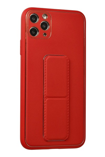 Mey İthalat®  iPhone 11 Pro Max Kılıf Coco Deri Standlı Kapak - Kırmızı