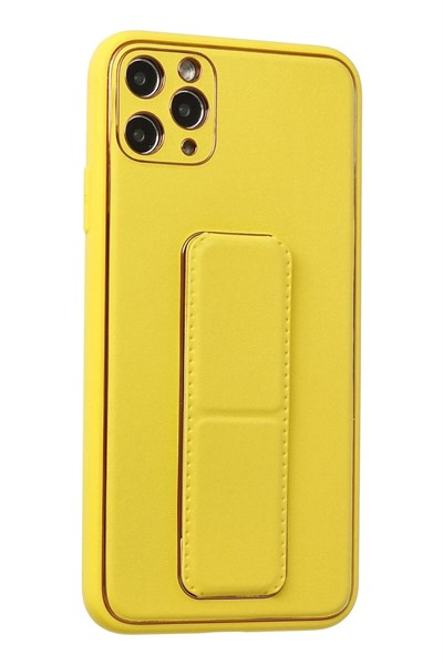 Mey İthalat®  iPhone 11 Pro Max Kılıf Coco Deri Standlı Kapak - Sarı