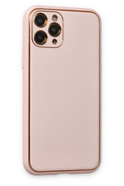 Mey İthalat®  iPhone 11 Pro Max Kılıf Coco Deri Silikon Kapak - Pudra