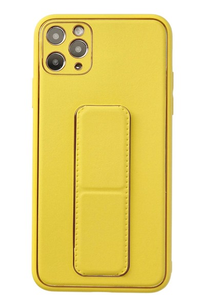 Mey İthalat®  iPhone 11 Pro Max Kılıf Coco Deri Standlı Kapak - Sarı