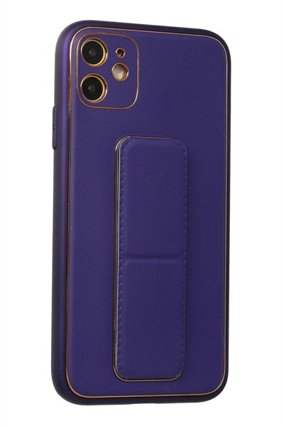 Mey İthalat®  iPhone 12 Kılıf Coco Deri Standlı Kapak - Mor